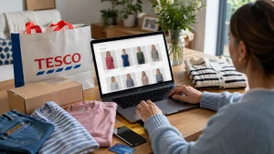 UK shopper browsing Tesco F&F clothing online using a laptop at home