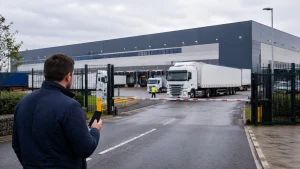 Visitor checking a smartphone outside a secured parcel processing hub in Warrington with trucks and loading bays