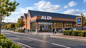 Aldi supermarket in Preston with shoppers outside the store on a bright sunny day.